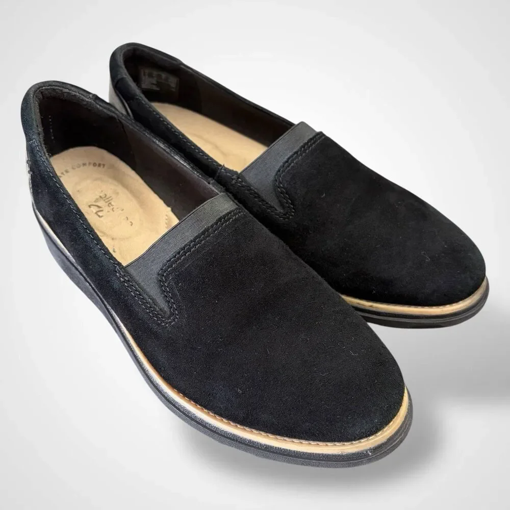 Clarks Women Wedge Loafers Sharon Dolly Shoes Size 6.5 M Black Suede Academia